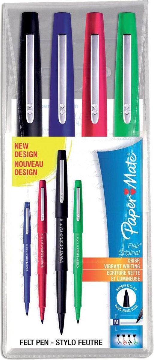 Paper Mate Flair-viltstiften | Medium punt (0,7 mm) | zwarte, blauwe, rode en groene inkt | 4 stuks